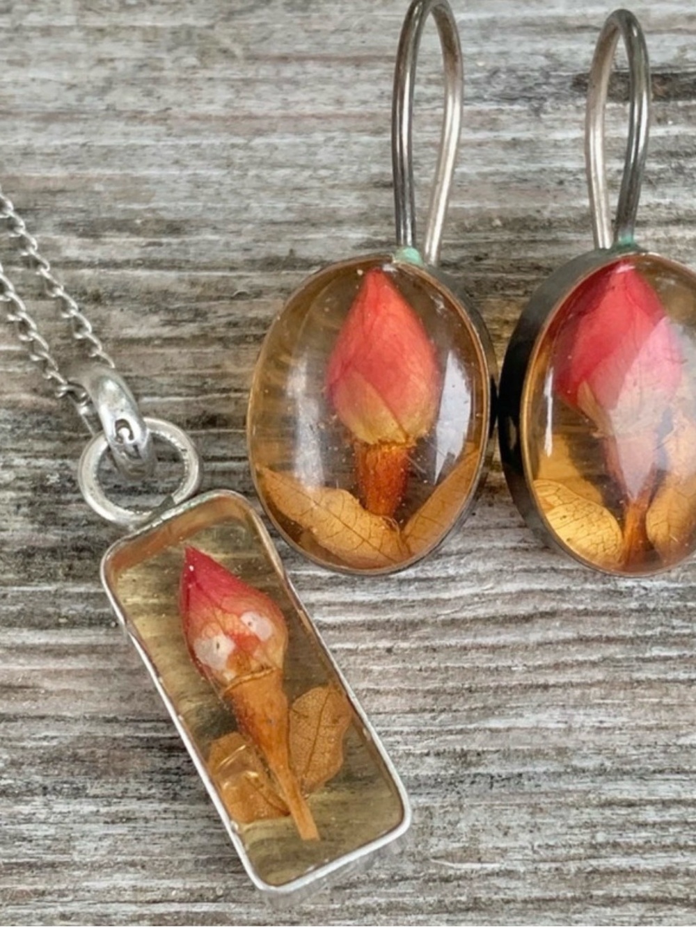 Vintage Sterling Preserved Flower Bud Necklace & Earrings Set